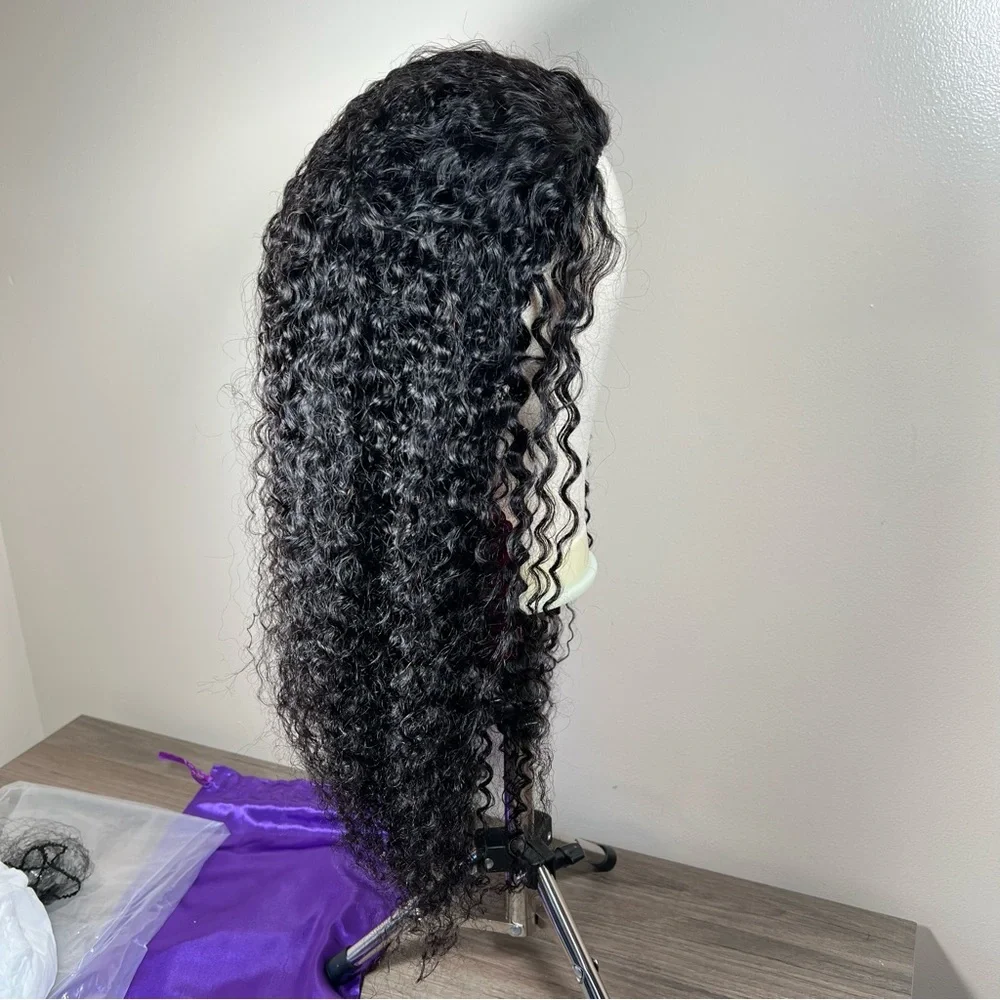 Natural Black Kinky Curly Human Hair 26 Inch Glueless Half Wig